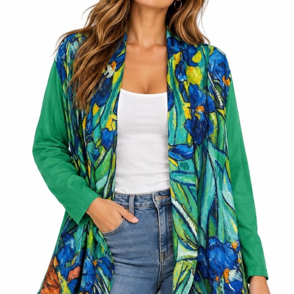 Women's Van Gogh Irises Inspired Multicoloured Long Sleeve Kimono Style Shirt